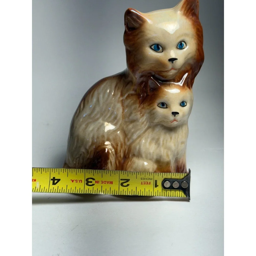 GF Brazil Ceramic Cat Figurine Mother & Kitten Brown Cream Glaze 6